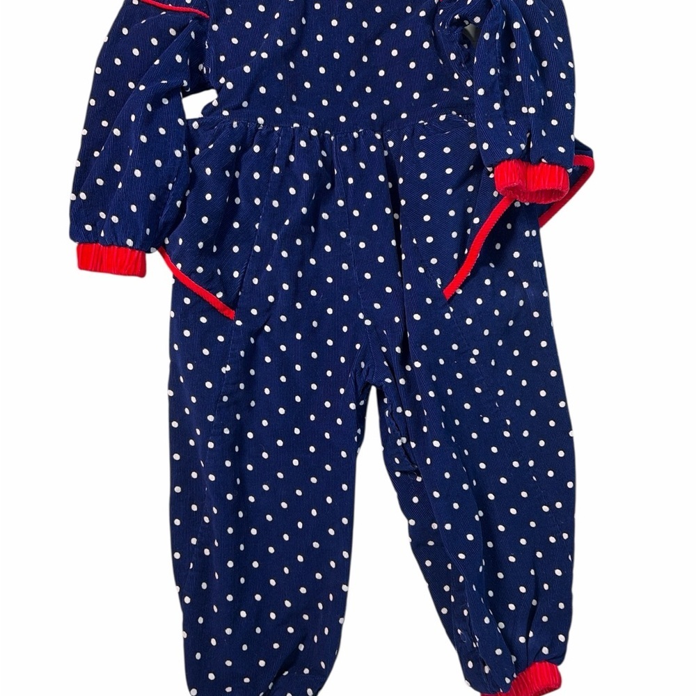 vintage girl's navy blue romper polka dots red collar Sz4 100% Cotton - Picture 5 of 9